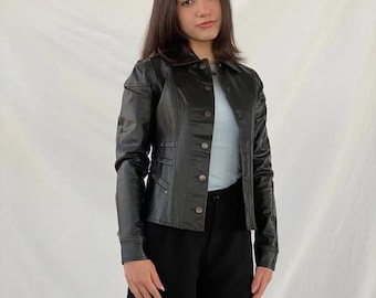 Vintage Y2K Black Genuine Leather Moto Jacket - Fitted Leather Blazer
