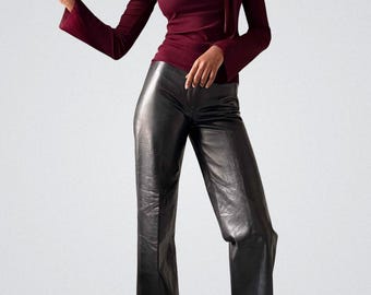 Women’s High-Waisted Black Leather Pants – Straight Leg Genuine Leather Trousers – Modern Minimalist Real Leather Pants