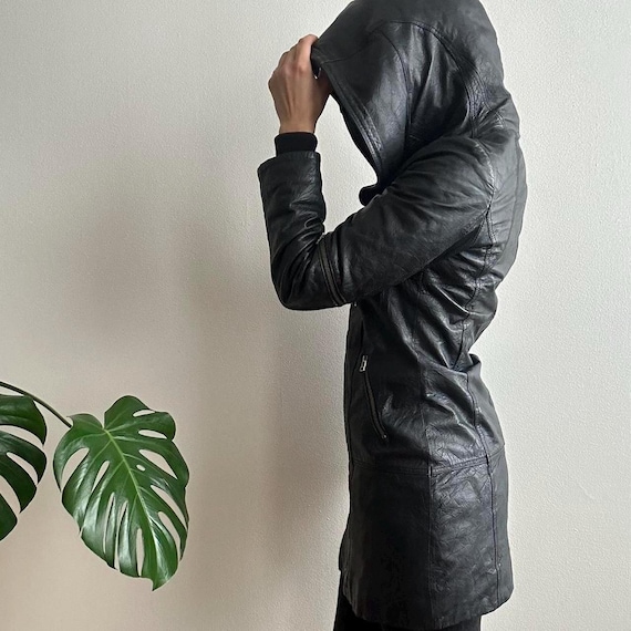 Women's Black Leather Hooded Trench Coat: Longline Moto Gothic