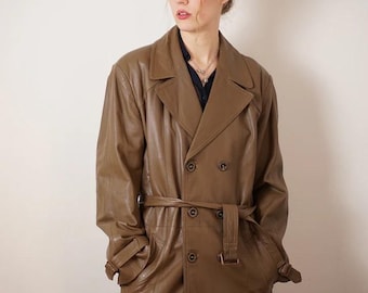 Vintage Brown Leather Trench Coat – Long Double Breasted Belted Women’s Coat