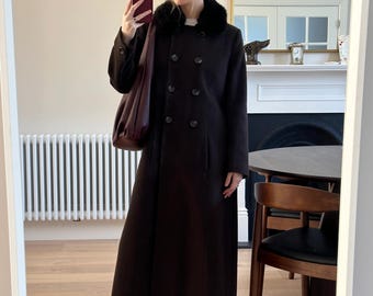 Women's Brown Wool Trench Coat | Fur Collar Double Breasted Long Coat | Elegant Winter Wool Overcoat