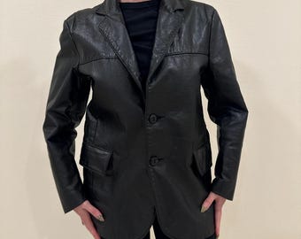 Women Black Leather Blazer – Vintage 90s Genuine Leather Jacket – Classic Two-Button Coat