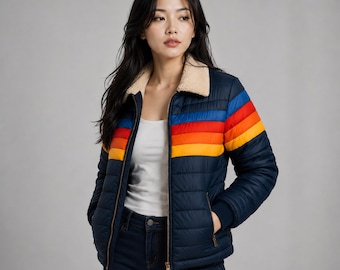 Women's Rainbow Stripe Puffer Jacket Retro Quilted Winter Coat Cozy Handmade Streetwear Jacket