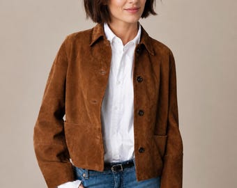 Women’s Brown Suede Leather Jacket – Vintage Goatskin Button Front Suede Coat - 1970s Handmade Suede Jacket