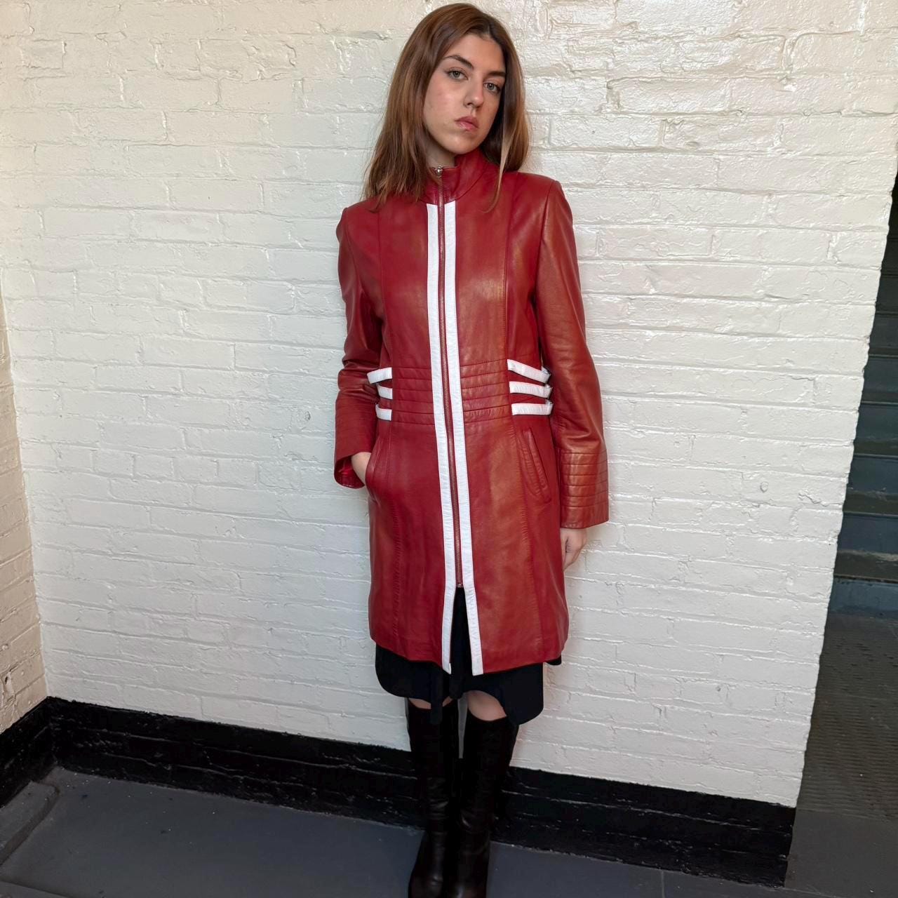 ジャケット・アウター Vnintage leather mods coat Vintage 1970s Red Leather Mod Coat: Racing Stripe Longline Jacket