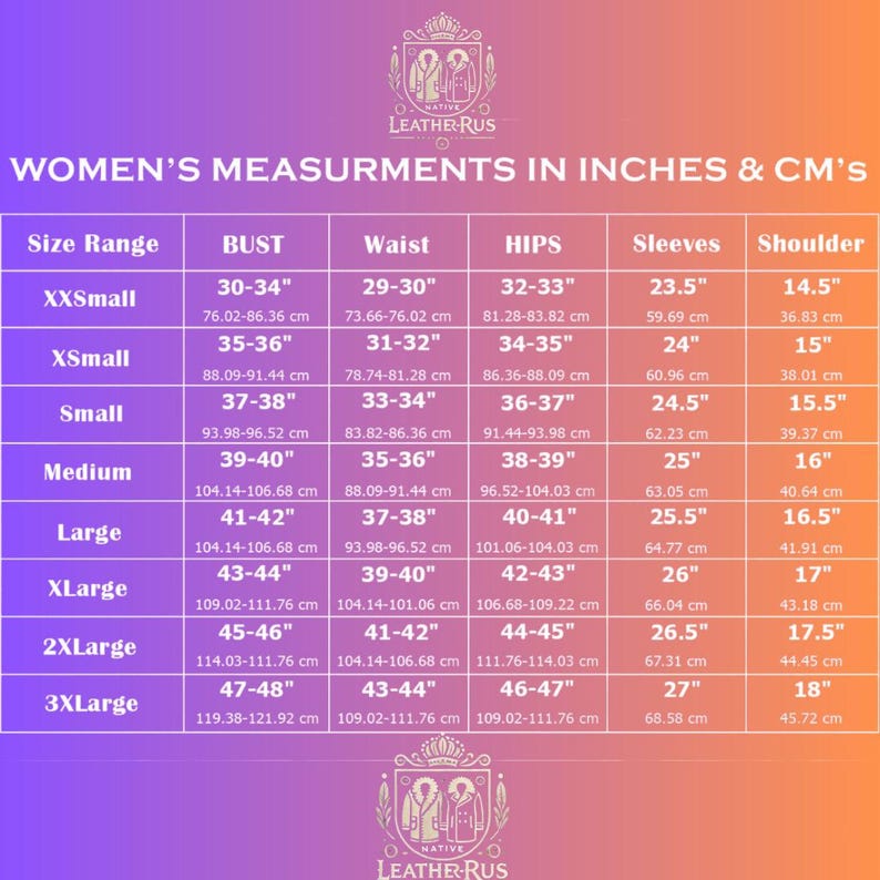 May include: A chart showing women's measurements in inches and centimeters for different sizes, including bust, waist, hips, sleeves, and shoulder measurements.