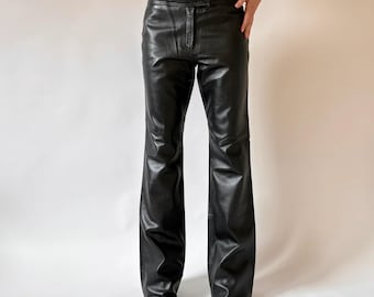 Pantalon évasé taille haute en cuir véritable - Pantalon noir Femme