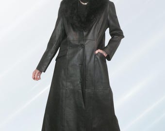 Trench-coat vintage en cuir noir avec col en fausse fourrure | Pardessus d'hiver en cuir véritable à la palangre | Long manteau en cuir des années 90