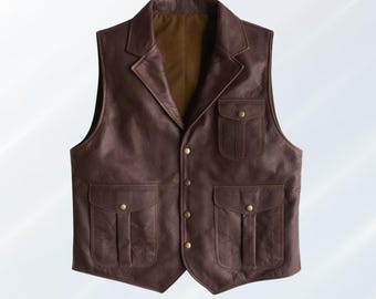 Handmade Cowhide Leather Western Vest: Vintage Brown Workwear Waistcoat