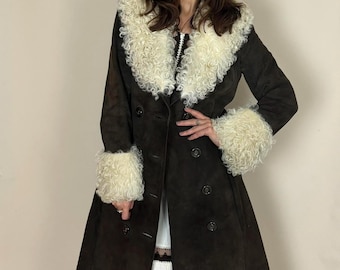 vintage Manteau Penny Lane en peau de mouton retournée – Manteau afghan en daim marron avec bordure en peau de mouton retournée bouclée Long manteau d'hiver en peau de mouton