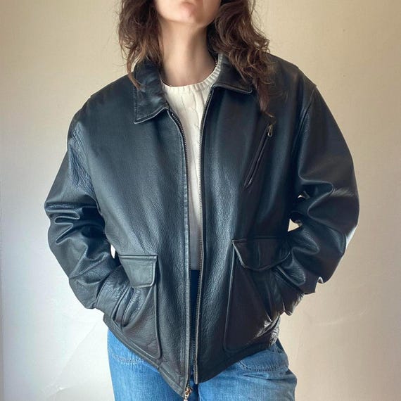Vintage Black Leather Bomber Jacket – Women Oversized 90s Genuine