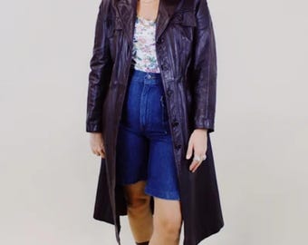 Women's Brown Leather Trench Coat | Vintage 90s Leather Coat | Handmade Minimalist Long Coat | Gift for Her