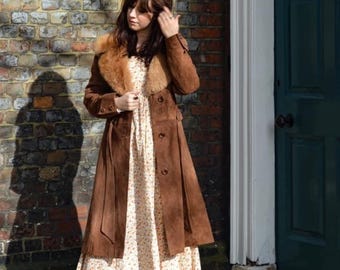 Vintage 1970s Dark Brown Suede Trench Coat - Women Long Leather Coat - Bohemian Long Suede Coat