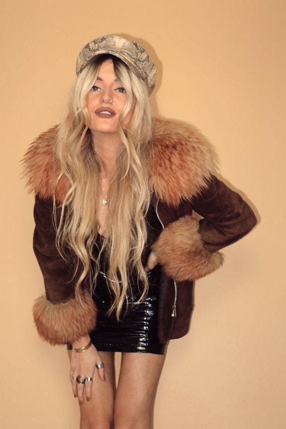 Vintage Brown Penny Lane Afghan Coat – Suede Shearling Jacket with Fur Collar & Cuffs – 70s Boho Hippie Winter Coat Women