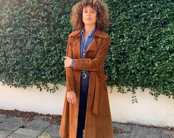 Manteau en cuir suédé vintage | Trench long pour femme | Manteau en daim marron des années 90