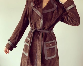 Women Brown Suede Leather Trench Coat –  Real Leather Belted Coat with Pockets | Elegant Long Suede Jacket