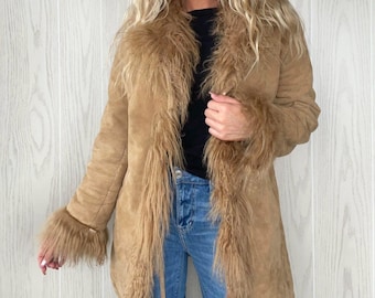 Manteau Penny Lane pour femme Manteau en peau de mouton retournée véritable des années 70 Manteau de fourrure afghane Manteau bohème en peau de mouton Long manteau de fourrure en daim