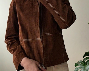 Vintage 70s Brown Suede Leather Jacket – Women's Suede Zip-Up Jacket with Contrast Stitching –