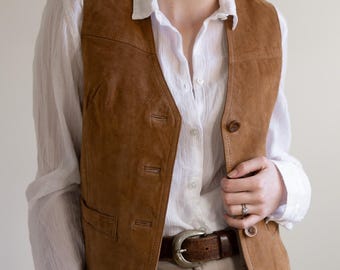 Vintage Brown Suede Leather Vest – Classic Western Boho Waistcoat | 70s Suede Vest