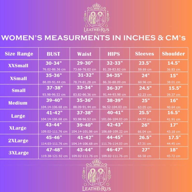 May include: A size chart for women's measurements in inches and centimeters. The chart includes bust, waist, hips, sleeves, and shoulder measurements for sizes XXSmall to 3XLarge. The Native Leather-Rus logo is at the top and bottom.