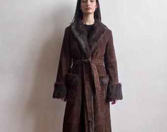 Vintage Afghan Penny Lane Coat With Real Fur Trim | 70s Boho Shearling Sheepskin Coat | Long Belted Brown Winter Fur Coat | Rare Hippie Coat