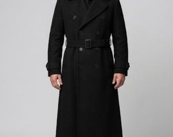 Men's Black Wool Trench Coat | Double Breasted Wool Overcoat | Military Style Belted Long Coat | Formal Jacket Men