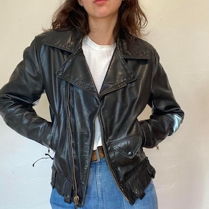 Blouson motard en cuir noir vintage - Blouson moto pour femmes style moto des années 80 - Blouson slim en cuir véritable souple