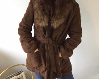 vintage Penny Lane - Cuir suédé véritable avec col en fourrure véritable | Veste bohème afghane en peau de mouton des années 70