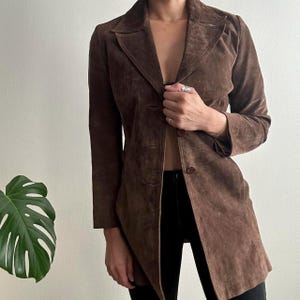 Vintage 70s Brown Suede Leather Blazer Coat – Women&#39;s Long Suede Jacket