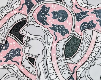 Meow on the Mind Sticker or Magnet: Funny Cat Anatomy - Glitter Effect