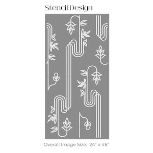 May include: A stencil design featuring a repeating pattern of stylized plants and curved lines. The design is in white on a gray background. Overall Image Size: 24" x 48"