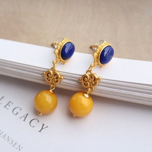 Vintage Baltic Amber Gold Plated Sterling Silver Dangle Drop Earrings with Lazurite Gemstone