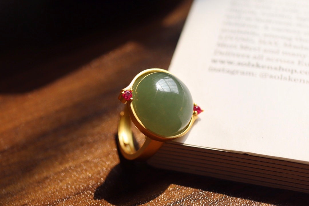 Green Nephrite Jade Gloss Natural Gemstone Ring