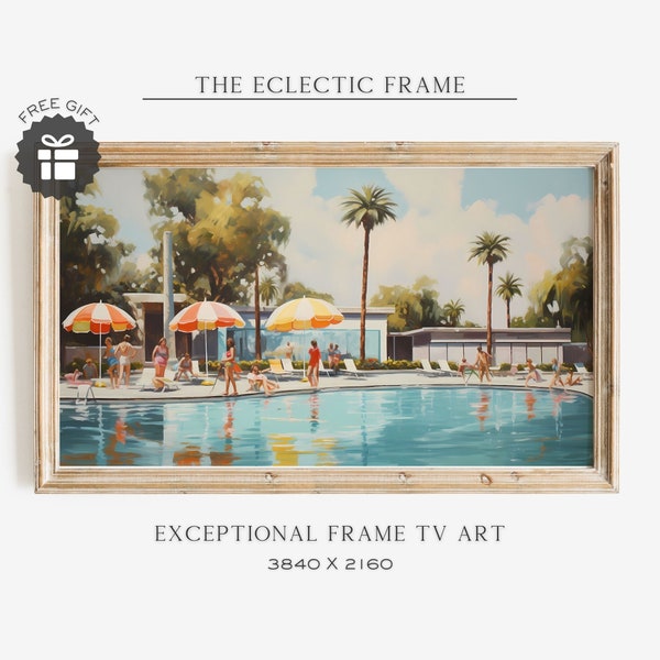 Summer Frame TV Art, Mid Century Retro Poolside Party Oil Painting, Color Pop Digital Download Wall Art | TV180