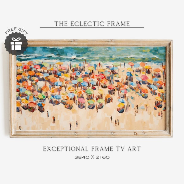 Summer Beach Frame TV Art, Rainbow Umbrellas Oil Painting, Mid Century Colorful Textured Digital Wall Art | TV182
