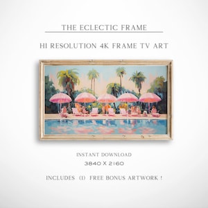 Retro Poolside Party Pink Umbrella Frame TV Art, Instant Download Wall Art | TV216