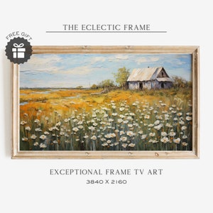 Frame TV Art Country Spring Meadow Instant Download, Farmhouse Cottage Impasto Oil Painting, Field of Flowers Spring Textured TV Art | TV155