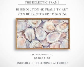 Coastal Frame TV Art, Summer Pink Oysters Digital Download Wall Art Print, Watercolor TV Screensaver | TV453