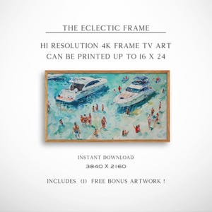 Puede incluir: Una impresión enmarcada con una pintura de acuarela de dos yates blancos en agua turquesa, rodeados de personas nadando. La obra de arte se titula "The Eclectic Frame" y se describe como arte de TV 4K de alta resolución, imprimible hasta 40,6 x 61 cm.