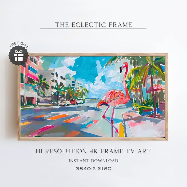 Summer Frame TV Art, Pink Flamingo Miami Beach Art for TV, Tropical Art Digital Download, TV Screensaver | TV296