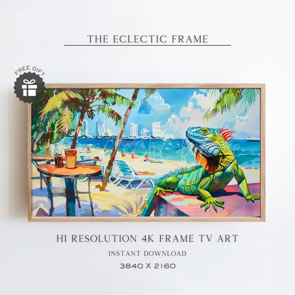 Miami Beach Iguana Summer Frame TV Art, Beach House Art for TV, Tropical Art Digital Download, TV Screensaver | TV294