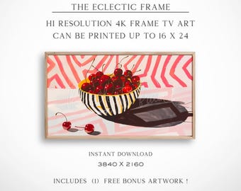 Trendy Pink Frame TV Art, Colorful Cherries Still Life Art for TV Digital Download, Spring or Summer Wall Art Print | TV289