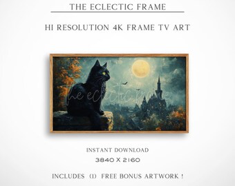 Halloween Frame TV Art Digital Download, Black Cat Gothic, Halloween Printable Wall Art, Spooky Desktop Wallpaper | TV422