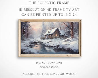 Frame TV Winter Forest Cabin Digital Art, Log Cabin Lodge Decor, Rustic Farmhouse Living Room Decor, Vintage Style Oil Painting | TV121