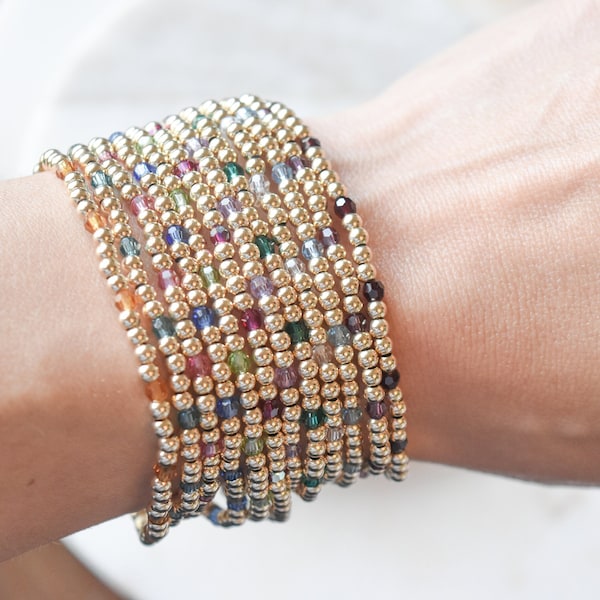 BIRTHSTONE BRACELETS, Gold-Filled Beads, and Swarovski Crystals, Elastic bracelet, 3mm width