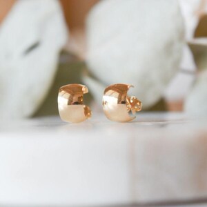 May include: A pair of gold hoop earrings. The earrings are small and have a smooth, rounded shape.