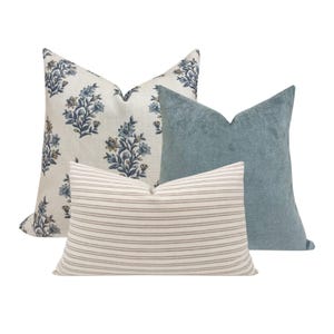 PILLOW COMBO || Set Of Three Designer Pillow Covers, Blue Floral, Blue Pillow, Striped Pillow, Sofa Combo