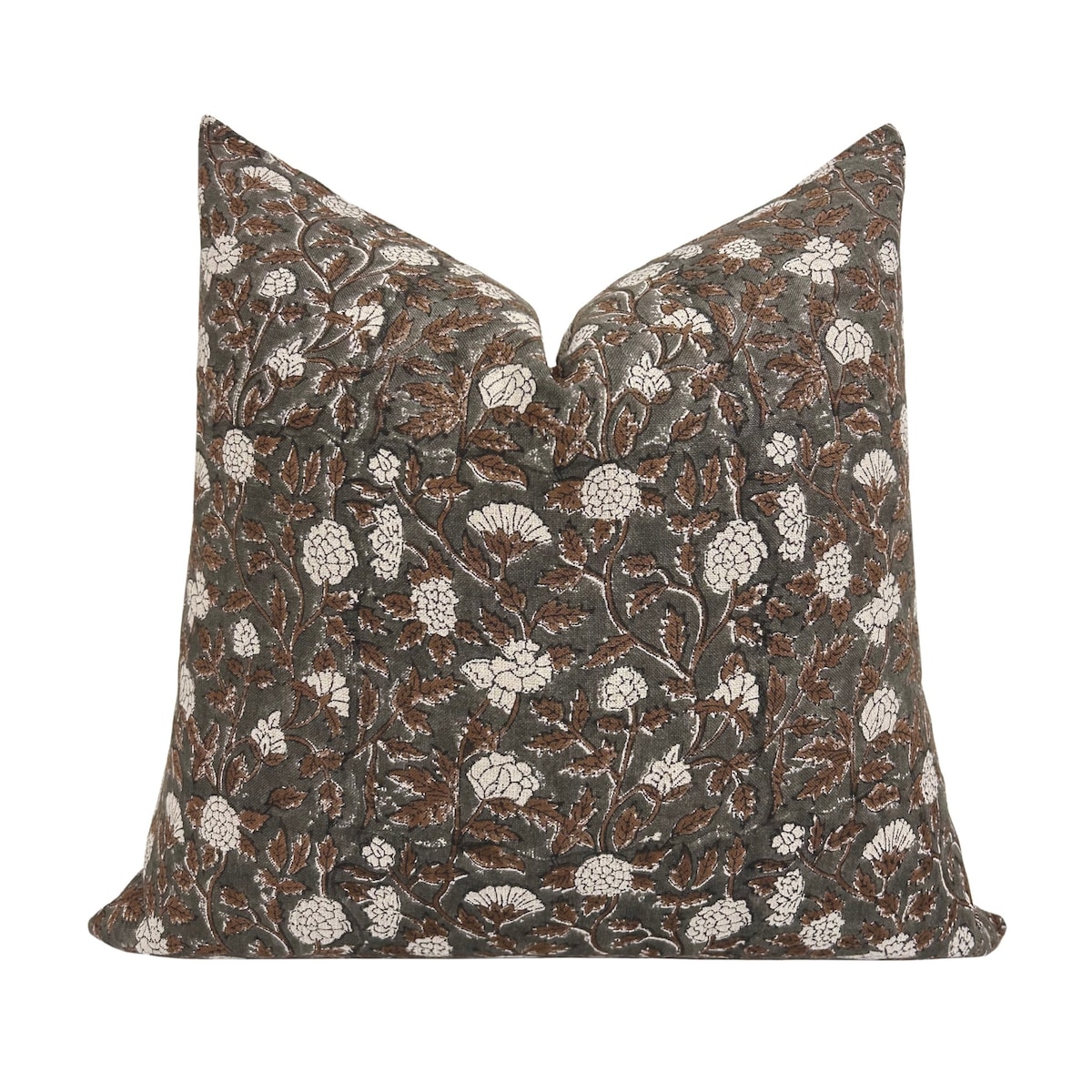 FINLEY || Designer Floral Linen Pillow Cover, Brown and Gray Floral Pillow Cover, Block Print Linen Pillow, Small Floral Pillow - Etsy