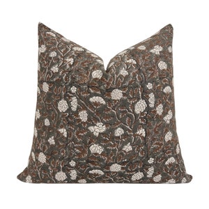 FINLEY || Designer Floral Linen Pillow Cover, Brown and Gray Floral Pillow Cover, Block Print Linen Pillow, Small Floral Pillow