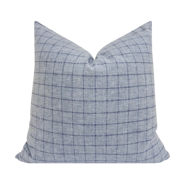 EMMETT || Blue Checkered Pillow Cover, Blue Striped Pillow, Farmhouse Pillow, Spring Pillow Cover, Blue Windowpane Pillow